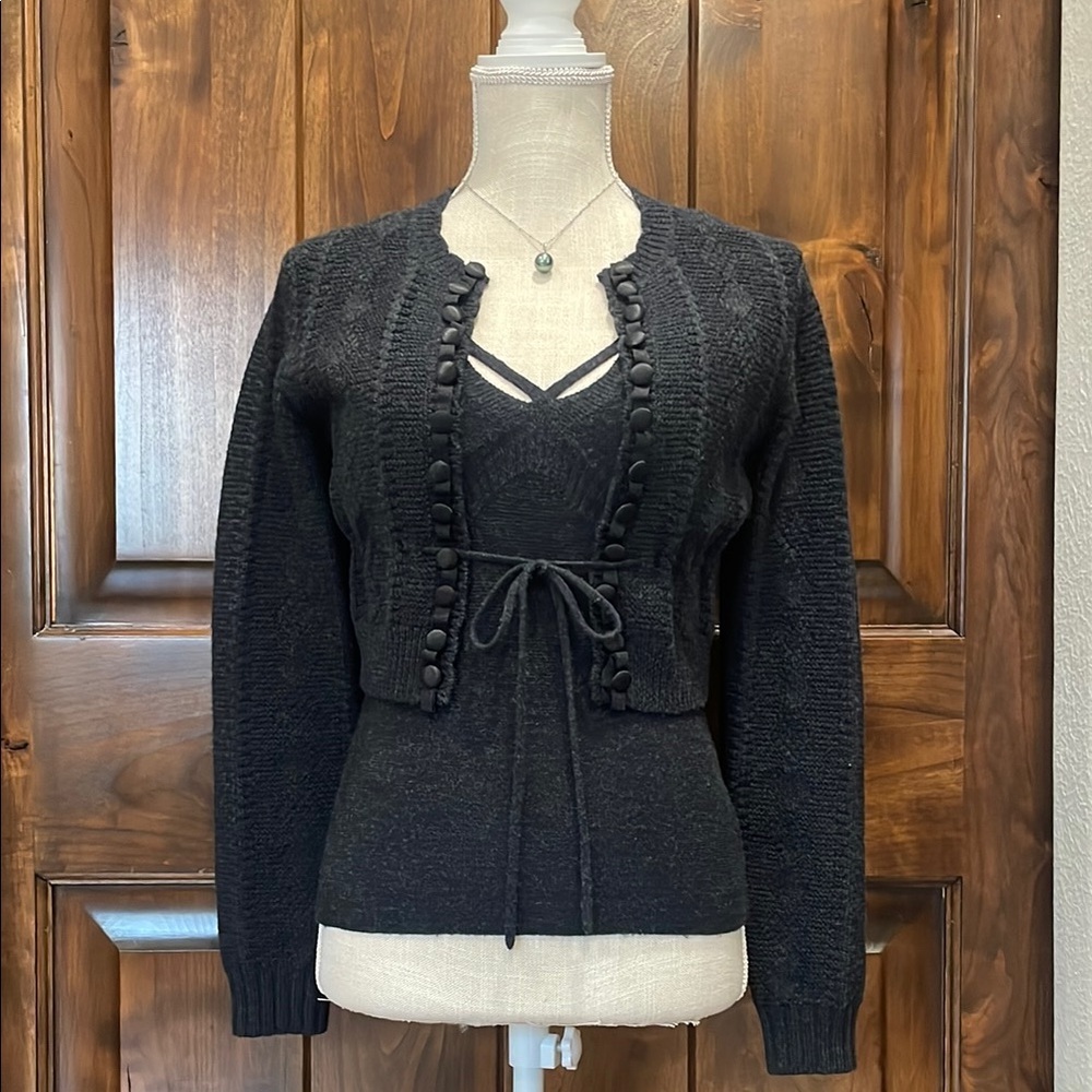 Dark Grey Cardigan Sweater Set with V-Neck and Tie Closure